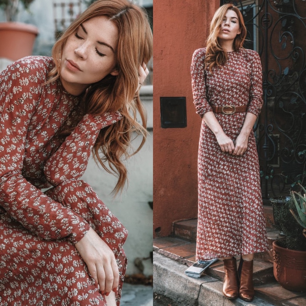 Doen Dosha Dress in Rust Block Print in Size Large